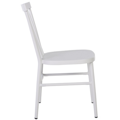 Side angle of white outdoor dining chair.