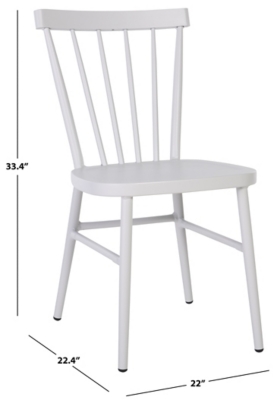 White dining chair with dimensions 33.4" height, 22" depth, 22" width.