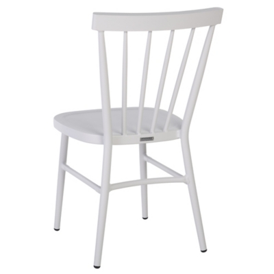 Front-right view of white outdoor dining chair.