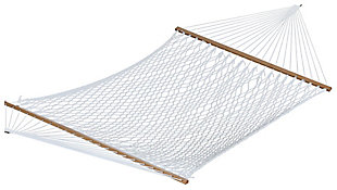 The double rope hammock brings you the best of both worlds – the old-world style of a classic rope hammock, and the modern convenience of rot-and mildew-resistant fibers. It's the perfect size to settle in and read a great book or snuggle up with someone special for an afternoon siesta.Hammock only; stand not included | Twisted polyester rope resists mildew, rot and decay | Spreader bars at each end keep the rope stretched out | Hammock ends have "O" rings and chains attached for easy height adjustment | Holds two adults up to 450 lbs. | Wash rope with mild dish soap and warm water, scrub with soft-bristle brush; rinse and let dry outdoors | Imported | 1-year warranty