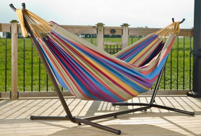 Vivere Outdoor Double Hammock with 9 ft. Stand, Tropical