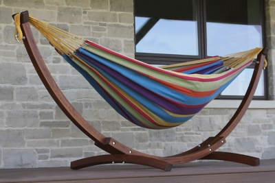 Vivere double cotton hammock with solid pine hotsell arc stand