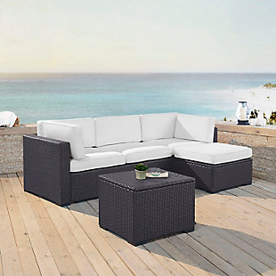 Biscayne Outdoor Sofa with Coffee Table and 1 Ottoman, White, rollover