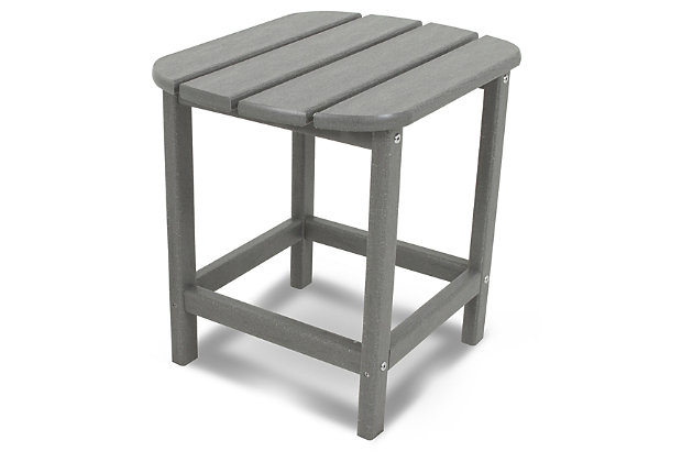 No matter if you live in Miami or Chicago, the slate gray South Beach side table keeps its color and solidity year-round in all-weather conditions. Carefully crafted with the environment in mind, its recycled plastic POLYWOOD® lumber gives the look of wood without the maintenance. Surface stays smooth and flawless with resistance to water absorption. Place it proudly next to your favorite patio furniture to complete your outdoor oasis.Made of genuine POLYWOOD (high-density recycled plastic) | Marine-grade stainless steel hardware is durable, corrosion resistant | UV protected continuous-color lumber; requires no painting or waterproofing | Climate resistant; water resistant; not prone to splinter, crack, chip, peel or rot | Made in the USA | POLYWOOD 20-year residential warranty | Cleans easily with soap, water and a soft bristle brush | Assembly required