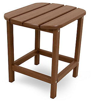 No matter if you live in Miami or Chicago, the teak-tone South Beach side table keeps its color and solidity year-round in all-weather conditions. Carefully crafted with the environment in mind, its recycled plastic POLYWOOD® lumber gives the look of wood without the maintenance. Surface stays smooth and flawless with resistance to water absorption. Place it proudly next to your favorite patio furniture to complete your outdoor oasis.Made of genuine POLYWOOD (high-density recycled plastic) | Marine-grade stainless steel hardware is durable, corrosion resistant | UV protected continuous-color lumber; requires no painting or waterproofing | Climate resistant; water resistant; not prone to splinter, crack, chip, peel or rot | Made in the USA | POLYWOOD 20-year residential warranty | Cleans easily with soap, water and a soft bristle brush | Assembly required