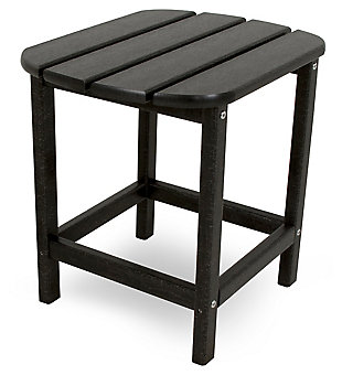 No matter if you live in Miami or Chicago, the black South Beach side table keeps its color and solidity year-round in all-weather conditions. Carey crafted with the environment in mind, its recycled plastic POLYWOOD® lumber gives the look of wood without the maintenance. Surface stays smooth and flawless with resistance to water absorption. Place it proudly next to your favorite patio furniture to complete your outdoor oasis.Made of genuine POLYWOOD (high-density recycled plastic) | Marine-grade stainless steel hardware is durable, corrosion resistant | UV protected continuous-color lumber; requires no painting or waterproofing | Climate resistant; water resistant; not prone to splinter, crack, chip, peel or rot | Made in the USA | POLYWOOD 20-year residential warranty | Cleans easily with soap, water and a soft bristle brush | Assembly required