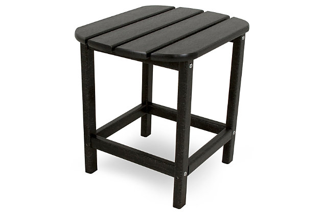 No matter if you live in Miami or Chicago, the black South Beach side table keeps its color and solidity year-round in all-weather conditions. Carefully crafted with the environment in mind, its recycled plastic POLYWOOD® lumber gives the look of wood without the maintenance. Surface stays smooth and flawless with resistance to water absorption. Place it proudly next to your favorite patio furniture to complete your outdoor oasis.Made of genuine POLYWOOD (high-density recycled plastic) | Marine-grade stainless steel hardware is durable, corrosion resistant | UV protected continuous-color lumber; requires no painting or waterproofing | Climate resistant; water resistant; not prone to splinter, crack, chip, peel or rot | Made in the USA | POLYWOOD 20-year residential warranty | Cleans easily with soap, water and a soft bristle brush | Assembly required
