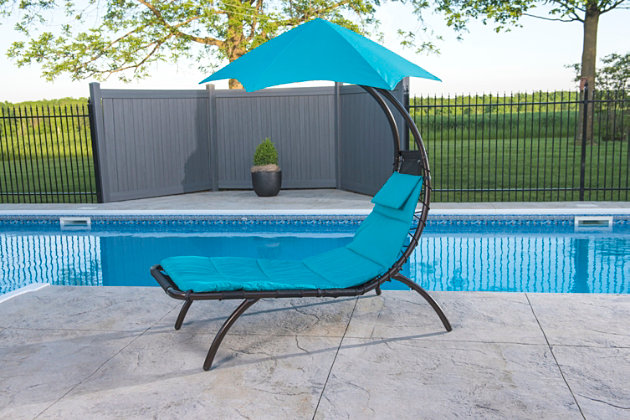 Talk about a patio lounge chair made in the shade. No matter how high the temps may climb, you’re sure to keep your cool in the Original Dream Lounger™. Merging form and function as an all-in-one patio lounge chair/patio umbrella, its curvaceous profile is sure to turn heads. Easy-care lounge cushion includes an extra thick head pillow for cradling comfort.Cushion and attached head pillow made of spun polyester with foam filling | 6-panel polyester umbrella shade | Fade-resistant fabric; powder-coated steel base with charcoal finish | Legs with plastic caps for protection against scuffs and scratches | Prolong life by limiting exposure to rain and moisture | Sponge off fabric with a mild detergent and water; rinse and air dry | Imported fabric | 1-year warranty | Assembly required