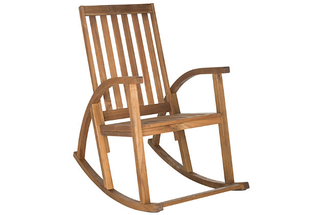 A cool twist on old-fashioned charm. With the addition of contemporary bentwood sides, the Clayton outdoor rocking chair in a teak brown finish rocks a front porch mainstay with newfound flair. Masterfully crafted of sustainable acacia wood, this modern classic is sure to give your home major curb appeal.Made of acacia wood | Teak brown finish | Smooth rocking motion | Slatted wood design for quick drainage | Weather resistant; recommend storing outdoor furniture indoors or cover well when not in use | Immediately clean spills with warm water and mild soap on slightly dampened sponge; let air dry | Assembly required