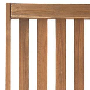 A cool twist on old-fashioned charm. With the addition of contemporary bentwood sides, the Clayton outdoor rocking chair in a teak brown finish rocks a front porch mainstay with newfound flair. Masterfully crafted of sustainable acacia wood, this modern classic is sure to give your home major curb appeal.Made of acacia wood | Teak brown finish | Smooth rocking motion | Slatted wood design for quick drainage | Weather resistant; recommend storing outdoor furniture indoors or cover well when not in use | Immediately clean spills with warm water and mild soap on slightly dampened sponge; let air dry | Assembly required