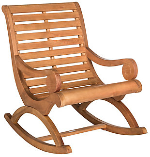 Talk about giving the porch rocker a royal makeover. Incorporating the serpentine flair of British classic furniture, the Sonora outdoor rocking chair rocks a richly elegant look in outdoor furniture. Built of sustainable acacia wood for years of satisfaction, it’s the ultimate chair for reading, rocking and relishing a sunset.Made of acacia wood | Teak brown finish | Smooth rocking motion | Slatted wood design for quick drainage | Weather resistant; recommend storing outdoor furniture indoors or cover well when not in use | Immediately clean spills with warm water and mild soap on slightly dampened sponge; let air dry | Assembly required