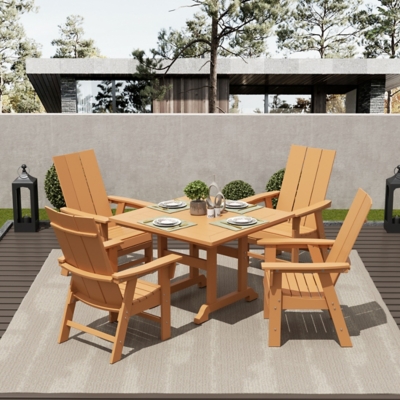 Shoreside Outdoor Curveback Adirondack Square Table and 4 Chairs, Teak