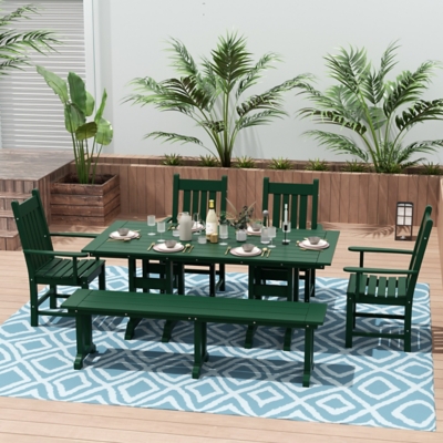 Laguna Outdoor Square Table and 4 Armchairs and Bench, Dark Green