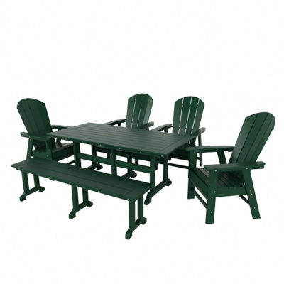 Laguna Outdoor Adirondack Dining Table and 4 Chairs and Bench, Dark Green, large