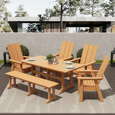 Shoreside Outdoor Curveback Adirondack Dining Table and 4 Chairs and Bench, Teak