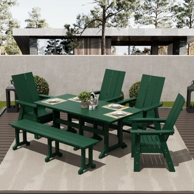 Shoreside Outdoor Curveback Adirondack Dining Table and 4 Chairs and Bench, Dark Green, rollover