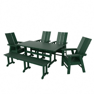 Shoreside Outdoor Curveback Adirondack Dining Table and 4 Chairs and Bench, Dark Green, large