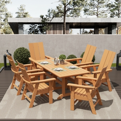 Shoreside Outdoor Curveback Adirondack Dining Table and 6 Chairs, Teak, rollover