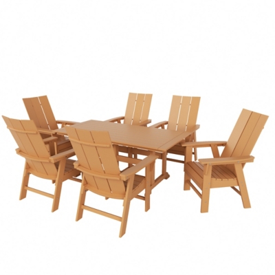 Shoreside Outdoor Curveback Adirondack Dining Table and 6 Chairs, Teak, large