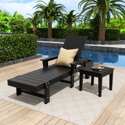 Shoreside Reclining Chaise With Arms and Wheels and Side Table (Set of 2), Black, rollover