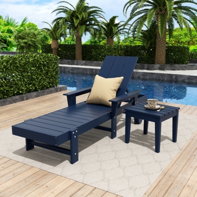 Shoreside Reclining Chaise With Arms and Wheels and Side Table (Set of 2), Navy Blue