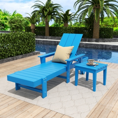 Shoreside Reclining Chaise With Arms and Wheels and Side Table (Set of 2), Pacific Blue