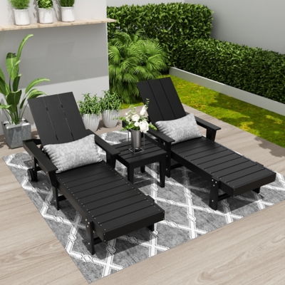 Shoreside Reclining Chaise With Arms and Wheels and Square Side Table (Set of 3), Black, rollover