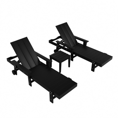 Shoreside Reclining Chaise With Arms and Wheels and Square Side Table (Set of 3), Black, large
