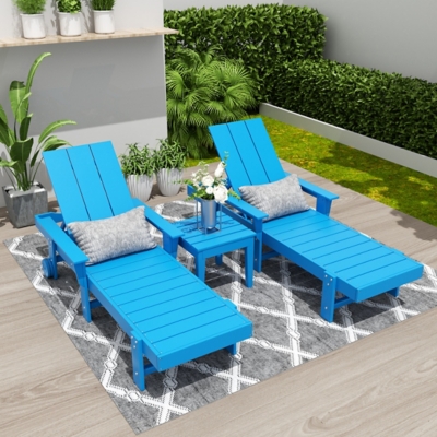 Shoreside Reclining Chaise With Arms and Wheels and Square Side Table (Set of 3), Pacific Blue