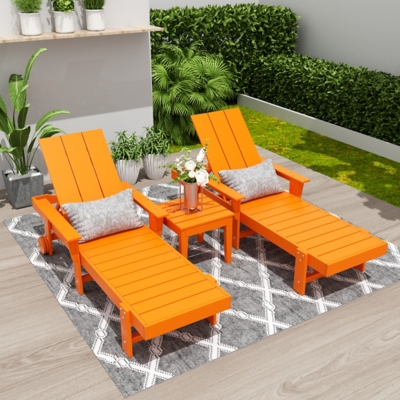 Shoreside Reclining Chaise With Arms and Wheels and Square Side Table (Set of 3), Orange, rollover