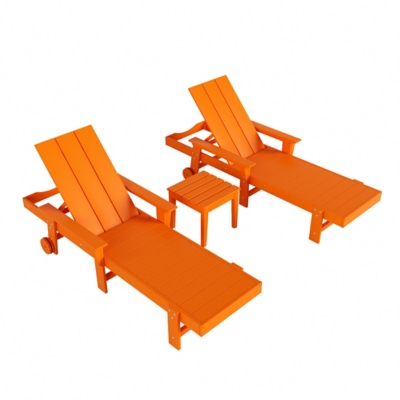 Shoreside Reclining Chaise With Arms and Wheels and Square Side Table (Set of 3), Orange, large