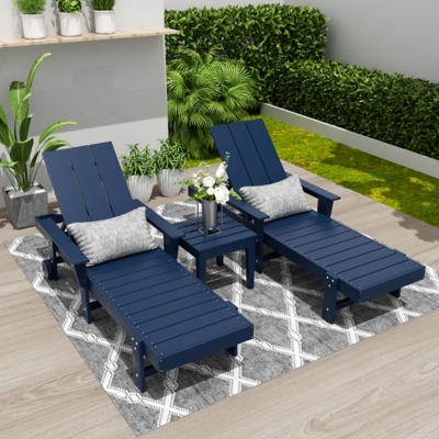 Shoreside Reclining Chaise With Arms and Wheels and Square Side Table (Set of 3), Navy Blue