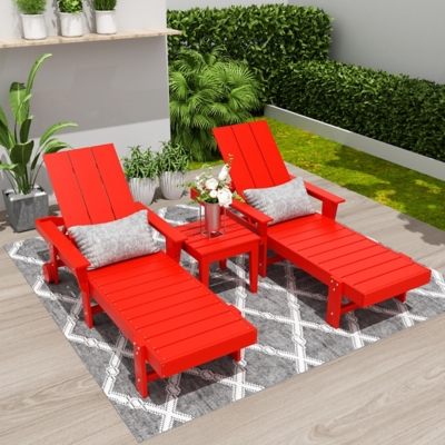 Shoreside Reclining Chaise With Arms and Wheels and Square Side Table (Set of 3), Red