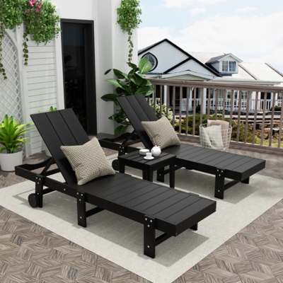 Shoreside Reclining Chaise Lounges With Wheels and Side Table (Set of 3), Black, rollover