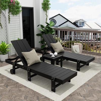 Shoreside Reclining Chaise Lounges With Wheels and Side Table (Set of 3), Black