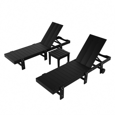 Shoreside Reclining Chaise Lounges With Wheels and Side Table (Set of 3), Black, large