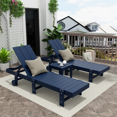 Shoreside Reclining Chaise Lounges With Wheels and Side Table (Set of 3), Navy Blue