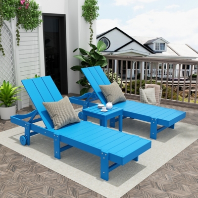 Shoreside Reclining Chaise Lounges With Wheels and Side Table (Set of 3), Pacific Blue