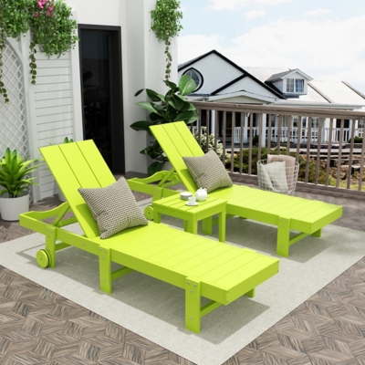 Shoreside Reclining Chaise Lounges With Wheels and Side Table (Set of 3), Lime