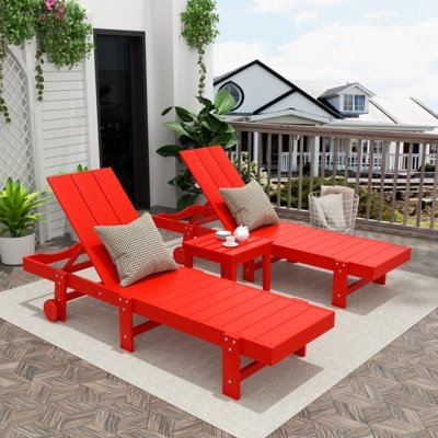 Shoreside Reclining Chaise Lounges With Wheels and Side Table (Set of 3), Red