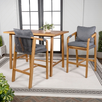 JONATHAN Y Porto Outdoor Bar Table and 2 Bar Stools, Teak Brown, rollover