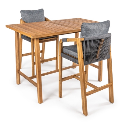 JONATHAN Y Porto Outdoor Bar Table and 2 Bar Stools, Teak Brown, large