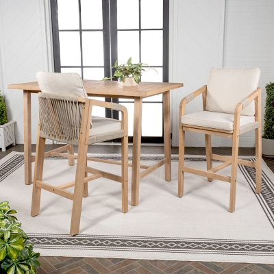 JONATHAN Y Porto Outdoor Bar Table and 2 Bar Stools, Light Teak, rollover