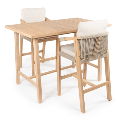 JONATHAN Y Porto Outdoor Bar Table and 2 Bar Stools, Light Teak, large