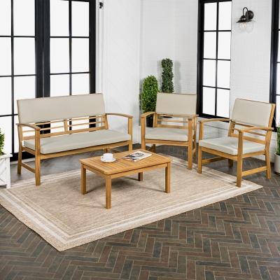 JONATHAN Y Barclay Outdoor Sofa and 2 Chairs with Coffee Table, Tan, rollover