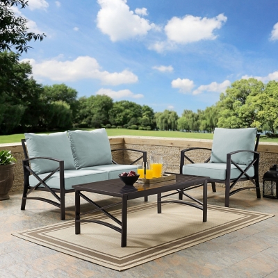 Crosley Furniture Kaplan Outdoor Loveseat and Lounge Chair with Coffee Table, Mist