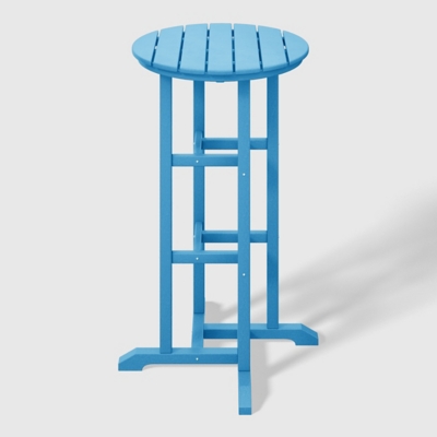 Blue round table with three benches view