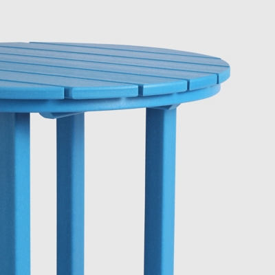 Close-up of top of blue round table with slats