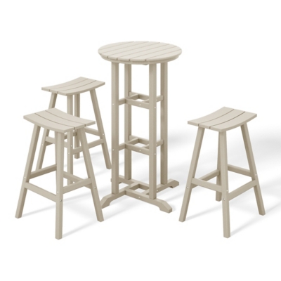 Product image showing a beige outdoor bar table and three matching stools from a catalog render
