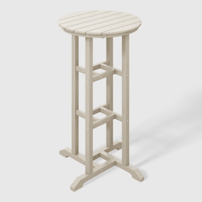 Beige outdoor bar tall table with slatted round top